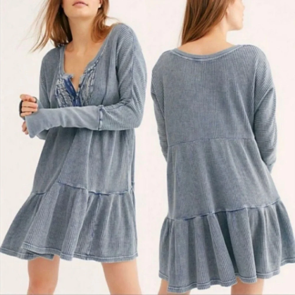 Free People One Jolene Waffle Knit Mini Dress Blue medium - Picture 1 of 6